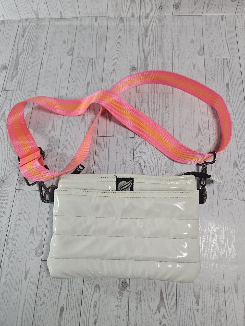 THINK ROYLN Crossbody Bum Bag White Quilted Puffer Pink Stripe Adjustable Strap